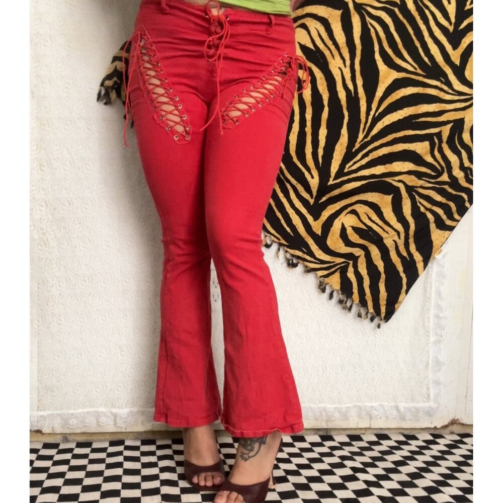 Red Lace-Up Flare Pants